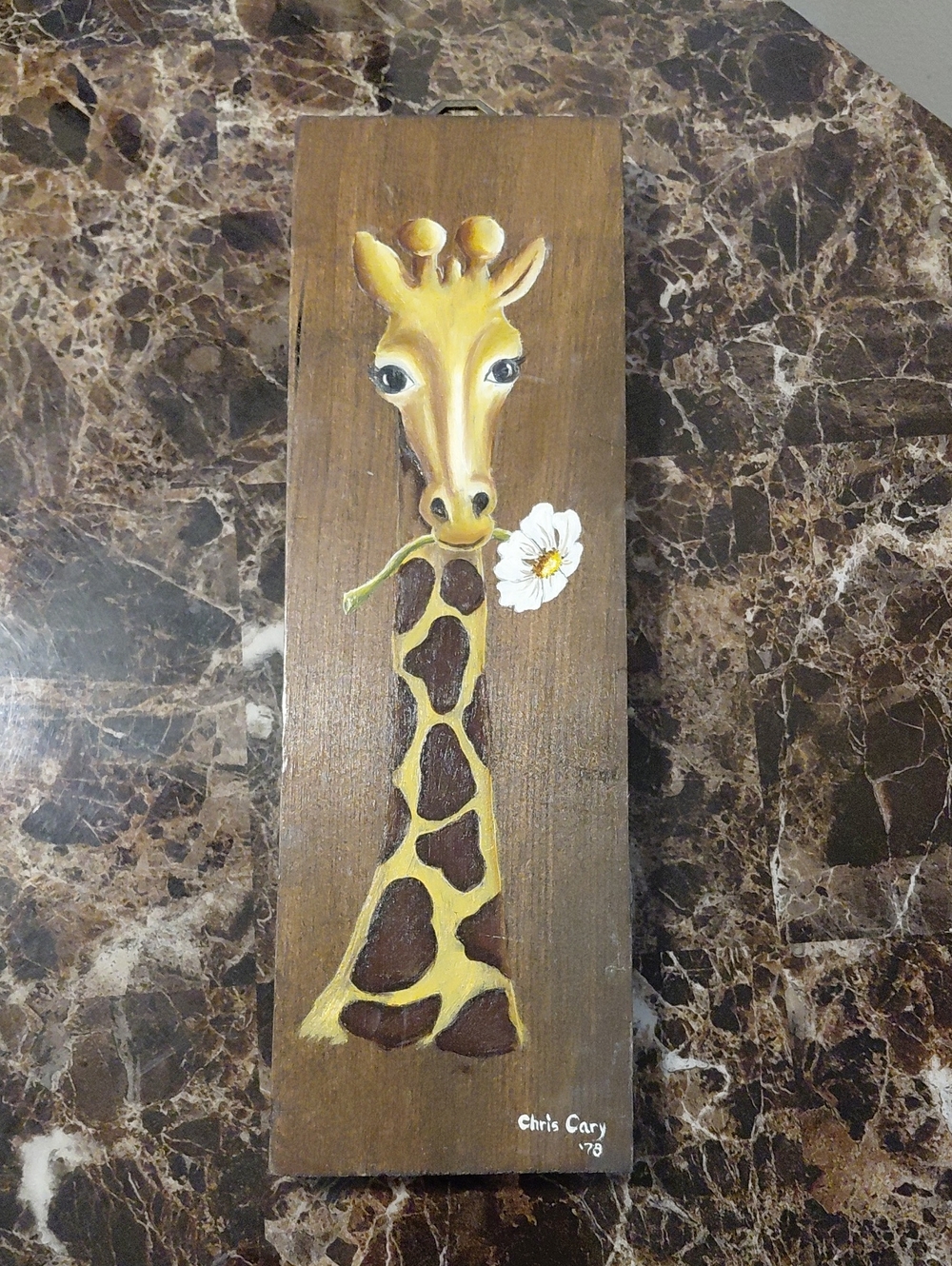 Vintage 1978 Folk Art Giraffe Holding a White Daisy Wood Painting By Chris Cary